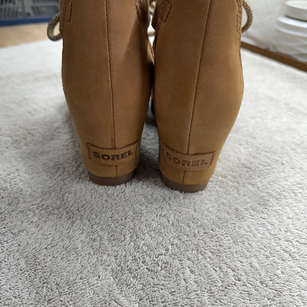 Sorel Joanie Lace Wedge Sandals Saddle Brown Peep Toe Women's Size 8 - Picture 3 of 7